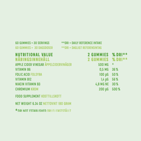 Apple Cider Vinegar Gummies + Krom, Folsyra, B3 + B6 60 Gummies